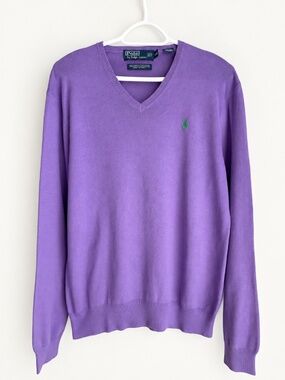 Polo Ralph Lauren Knit Sweater Men’s size L 100% Pima cotton Purple V-Neck